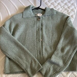 Soft Ribbed Collar Button-Up Crop Sweater - Sage Green